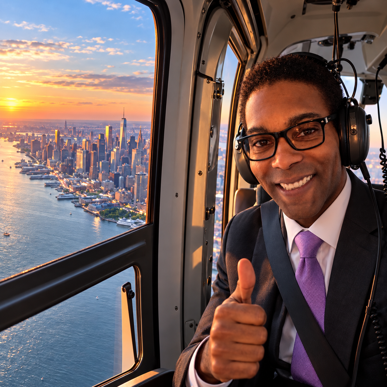 Camron wearing a headset in a helicopter overlooking the New York skyline.
